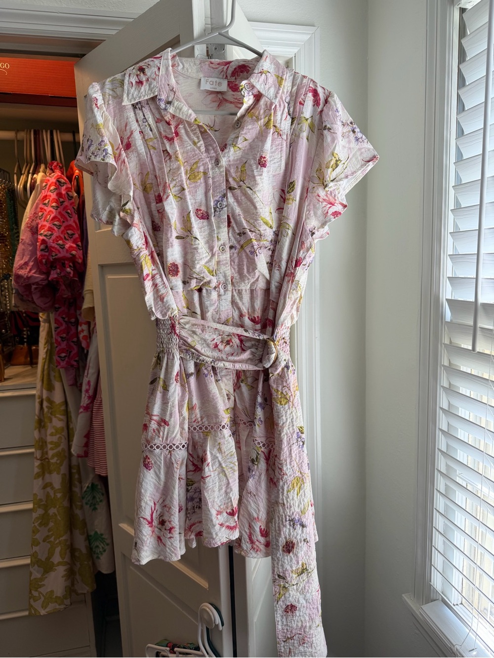 Fate Pastel Pink Floral Button-Front Mini Dress smocked waist in back